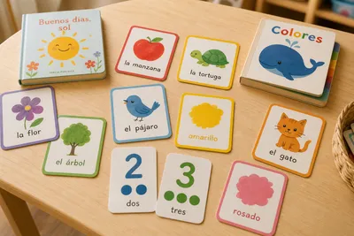 Colorful Spanish learning flashcards spread across a preschool wooden table